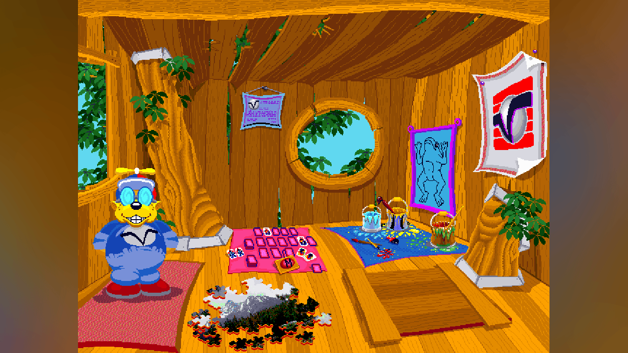 Juegos para aprender dentro de la casita del árbol con personaje del mundo de software Vermic