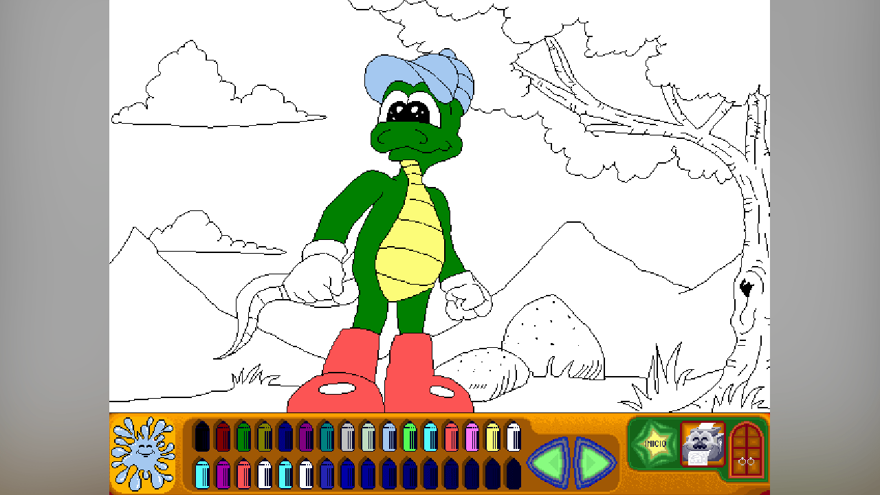 Dibujo de Arnoldo el cocodrilo en programa con libro para colorear.