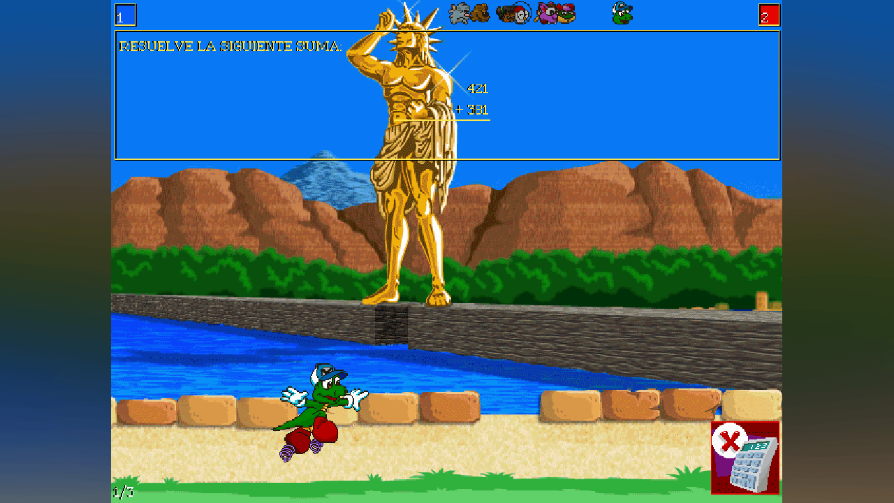 Personaje en carrera de conocimiento para niños pequeños para aprender matemáticas con fondo de estatua y naturaleza