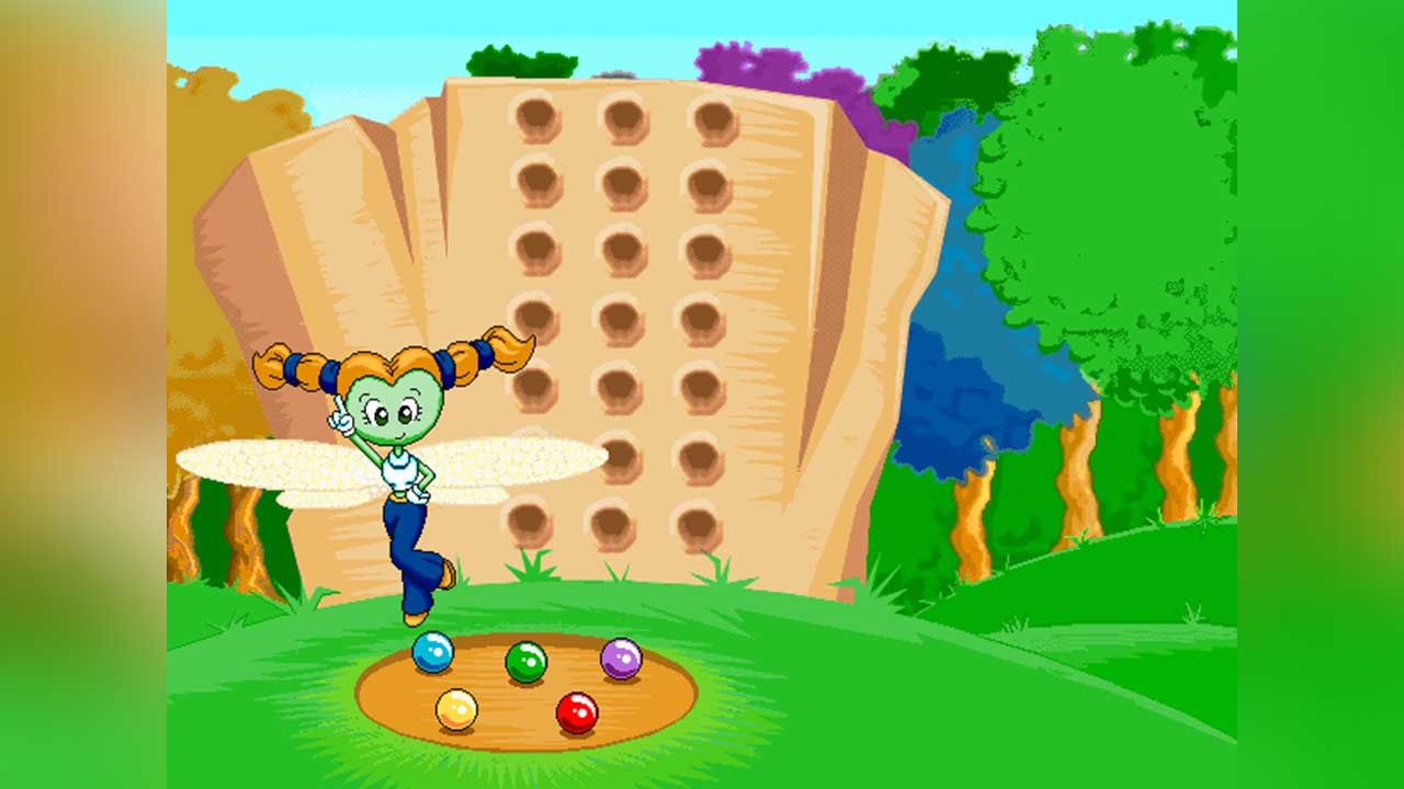 Personaje de Vermic en el bosque en el minujuego para reconocer formas y colores