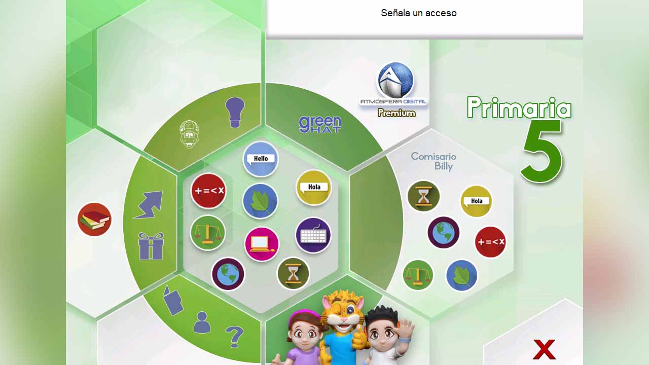 Menú principal de software de Atmósfera Digital premium de Green Hat para quinto de primaria