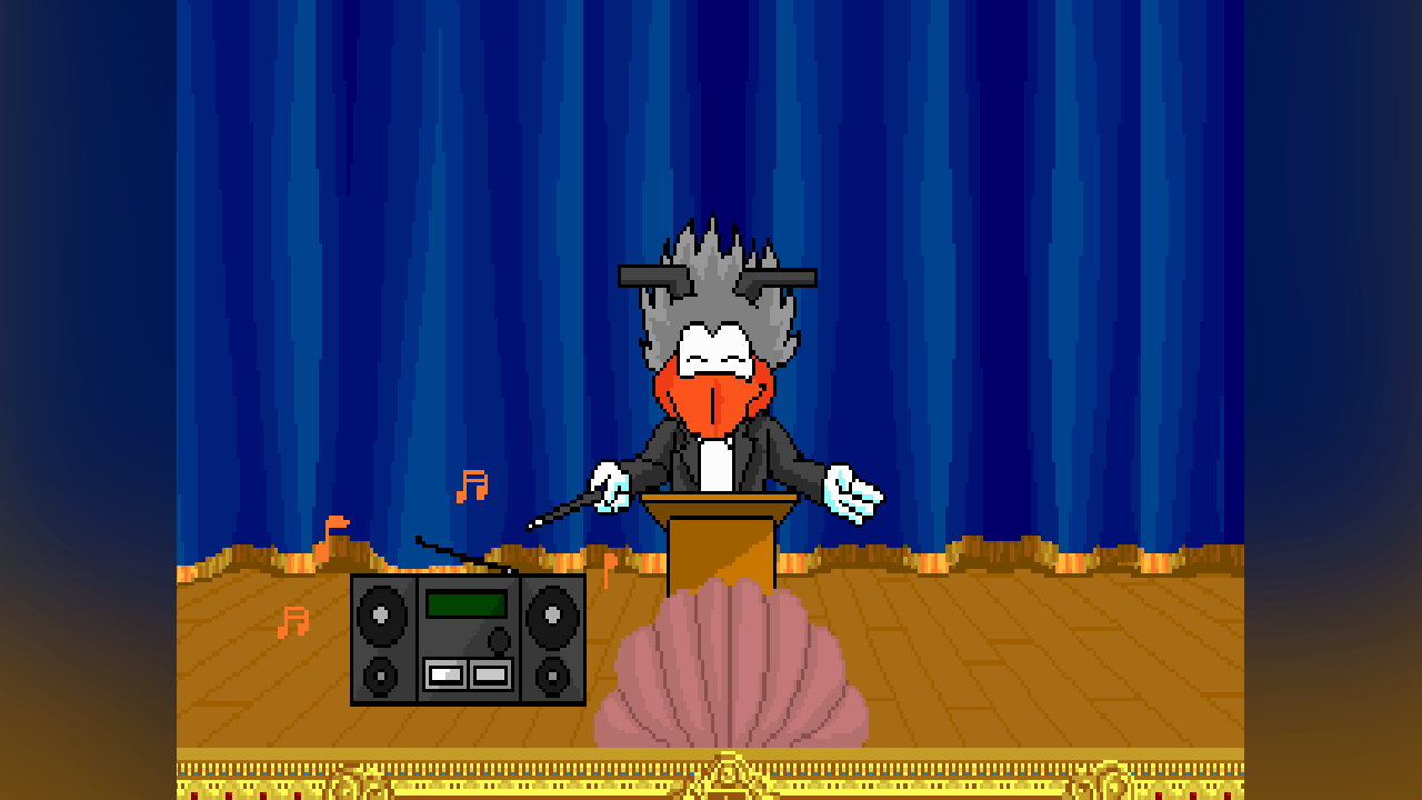 Escena animada de ave director de orquesta de Vermic tocando música